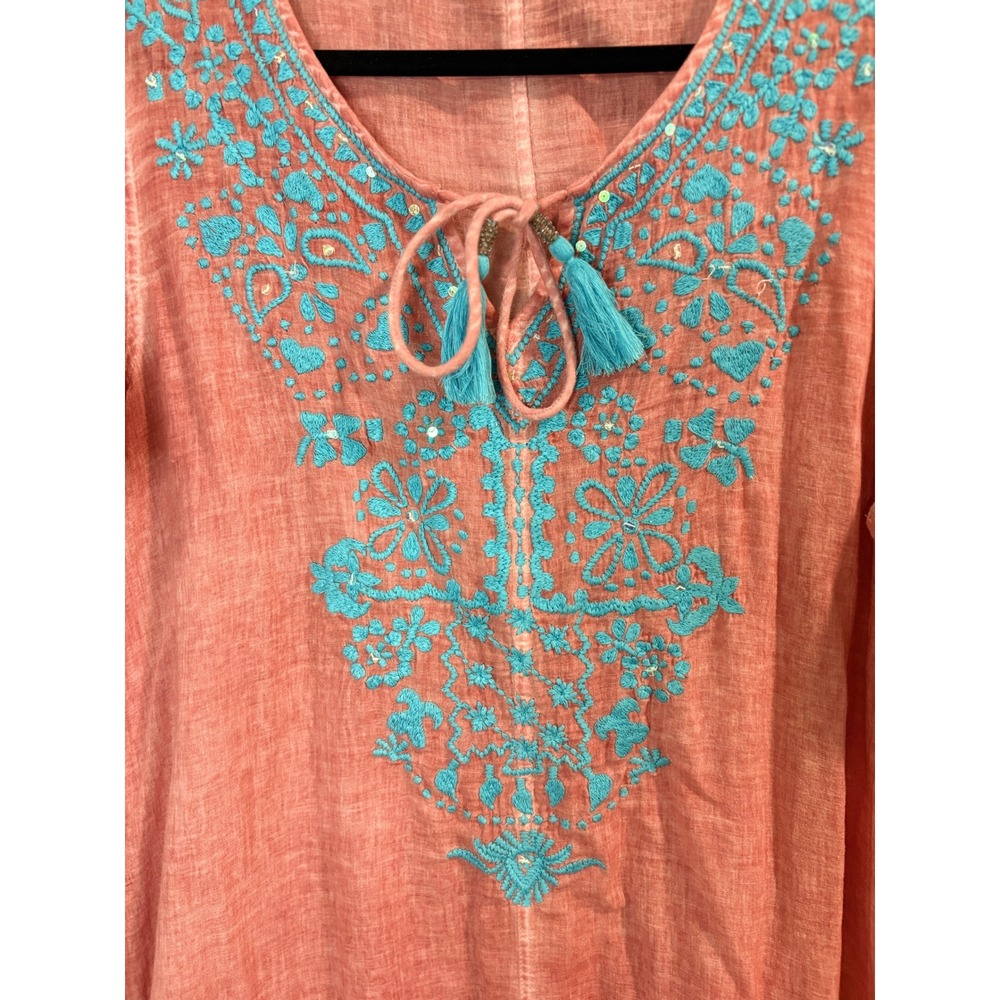 Soft Surroundings Coral Pink Embroidered Sequin Tunic Top Women XL‎ Boho Tassel - Picture 3 of 7